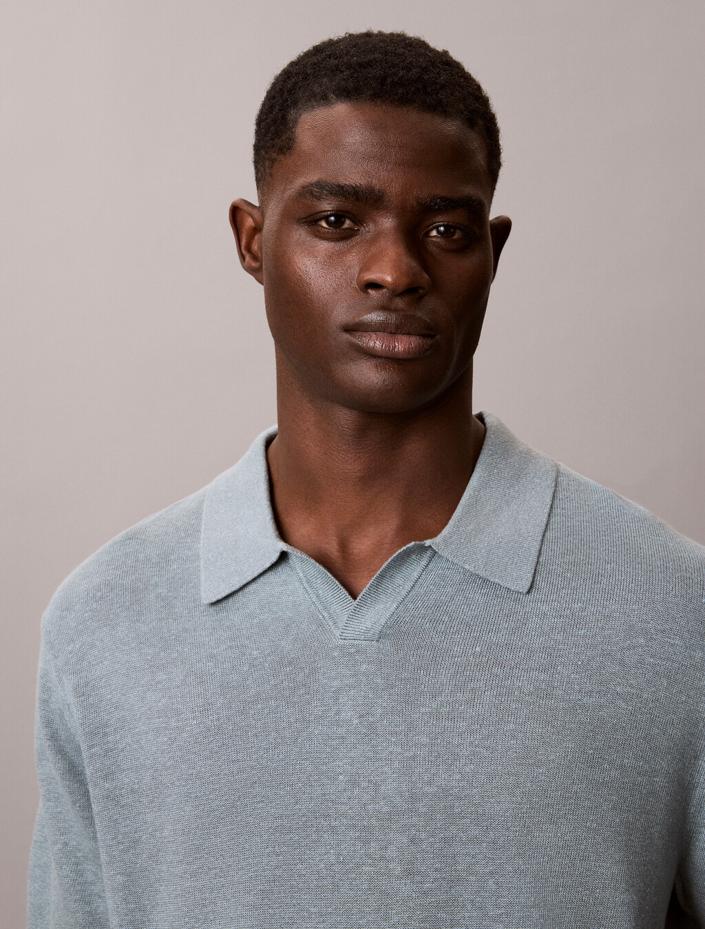 Linen Blend Open Collar Polo Shirt, Frosted Spruce, hi-res