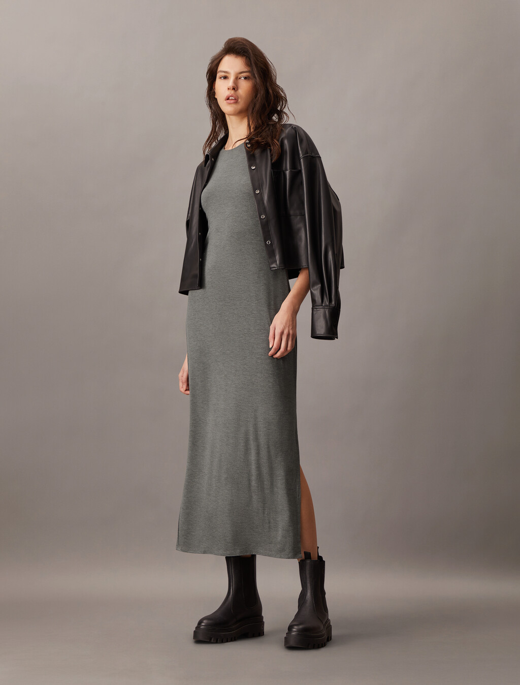 Second Skin Crewneck Midi Dress, MED GREY HEATHER, hi-res