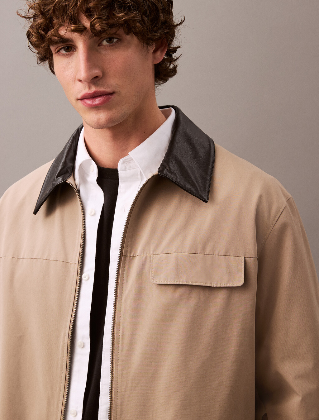 Leather Collar Bomber Jacket, Greige, hi-res