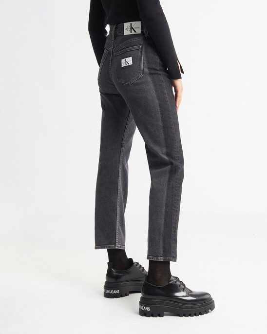TWO TONE BLACK HIGH RISE STRAIGHT ANKLE JEANS