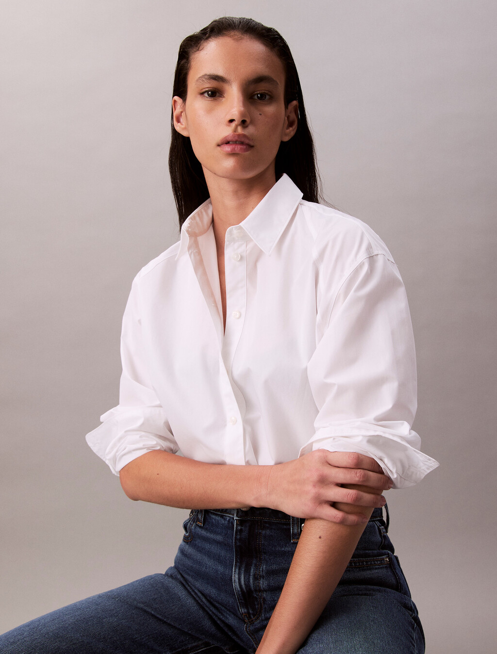 Solid Boxy Cropped Shirt, Brilliant White, hi-res