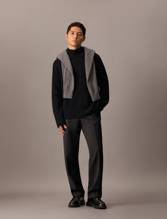 Woolen Rib Knit Mock Neck Sweater