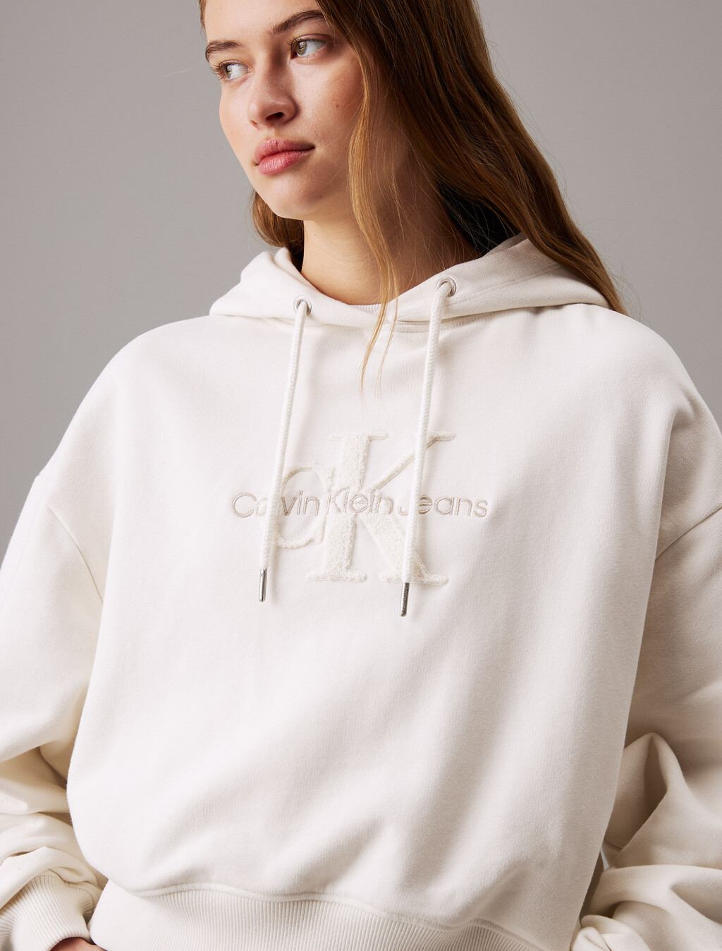 Cropped Chenille Monogram Hoodie, Ivory, hi-res
