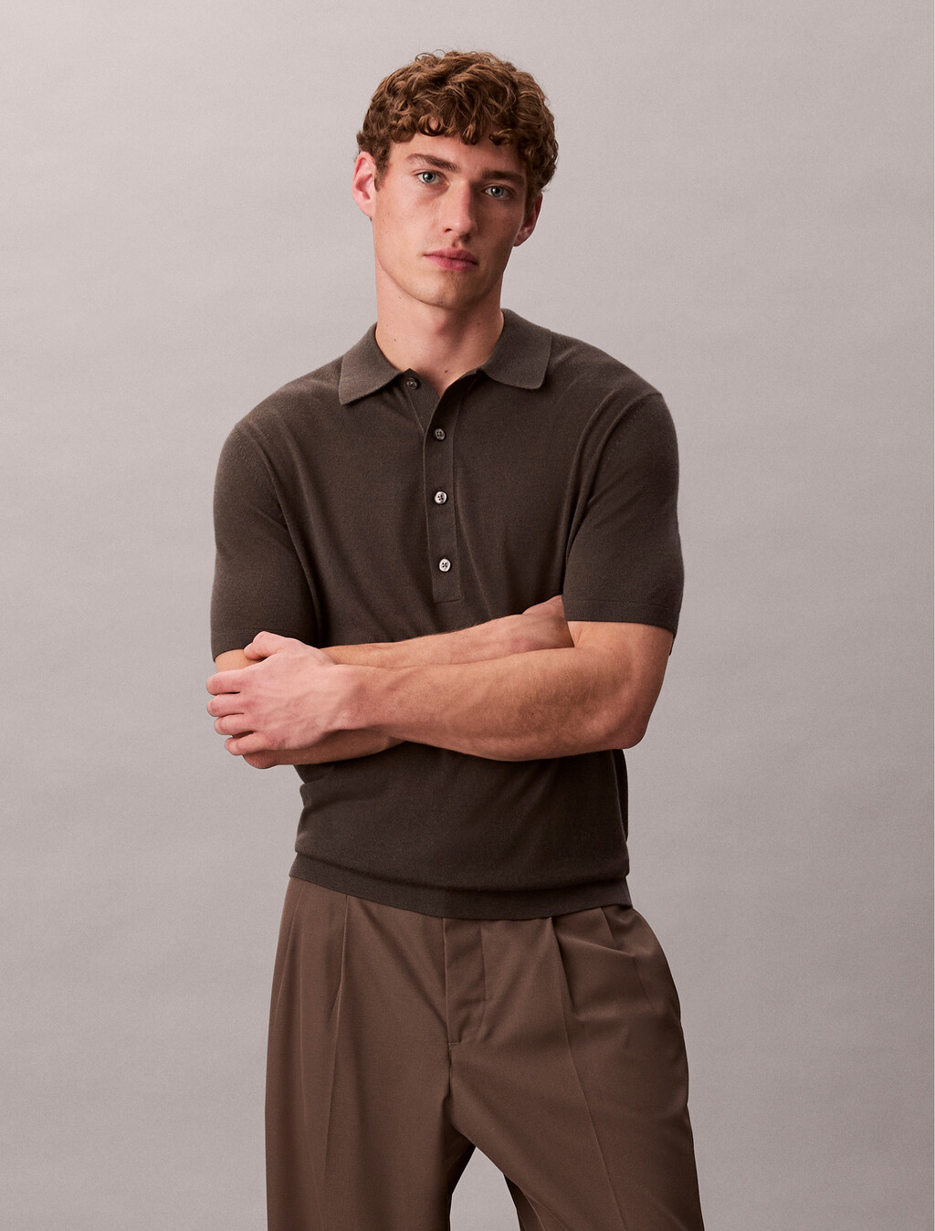 Silk Cashmere Polo Sweater, Beluga, hi-res