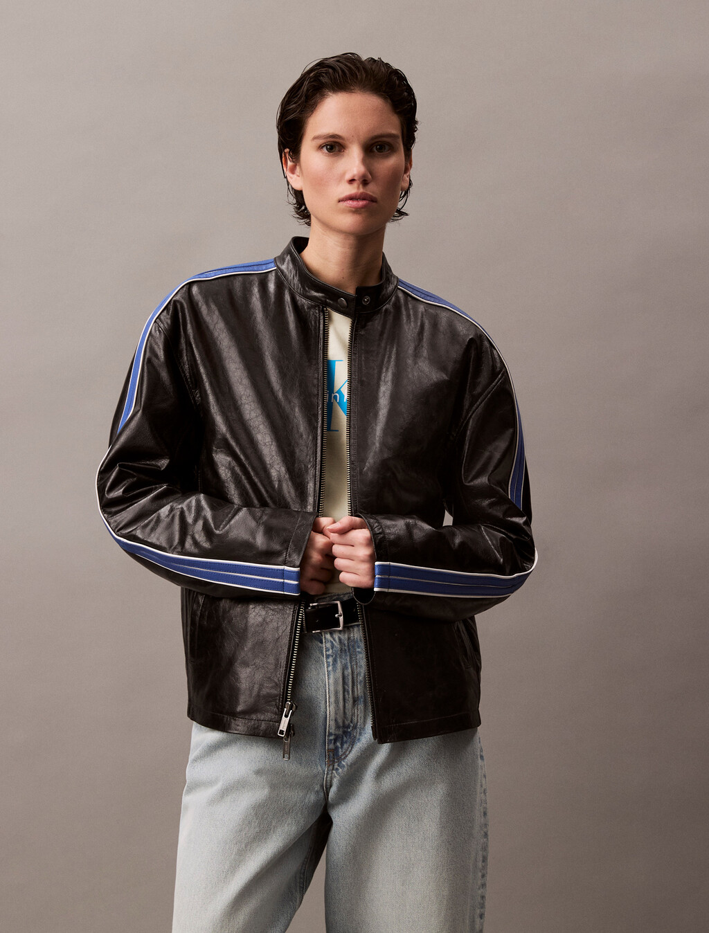 Relaxed Leather Zip Jacket, Black / Déja Vu Blue / White, hi-res