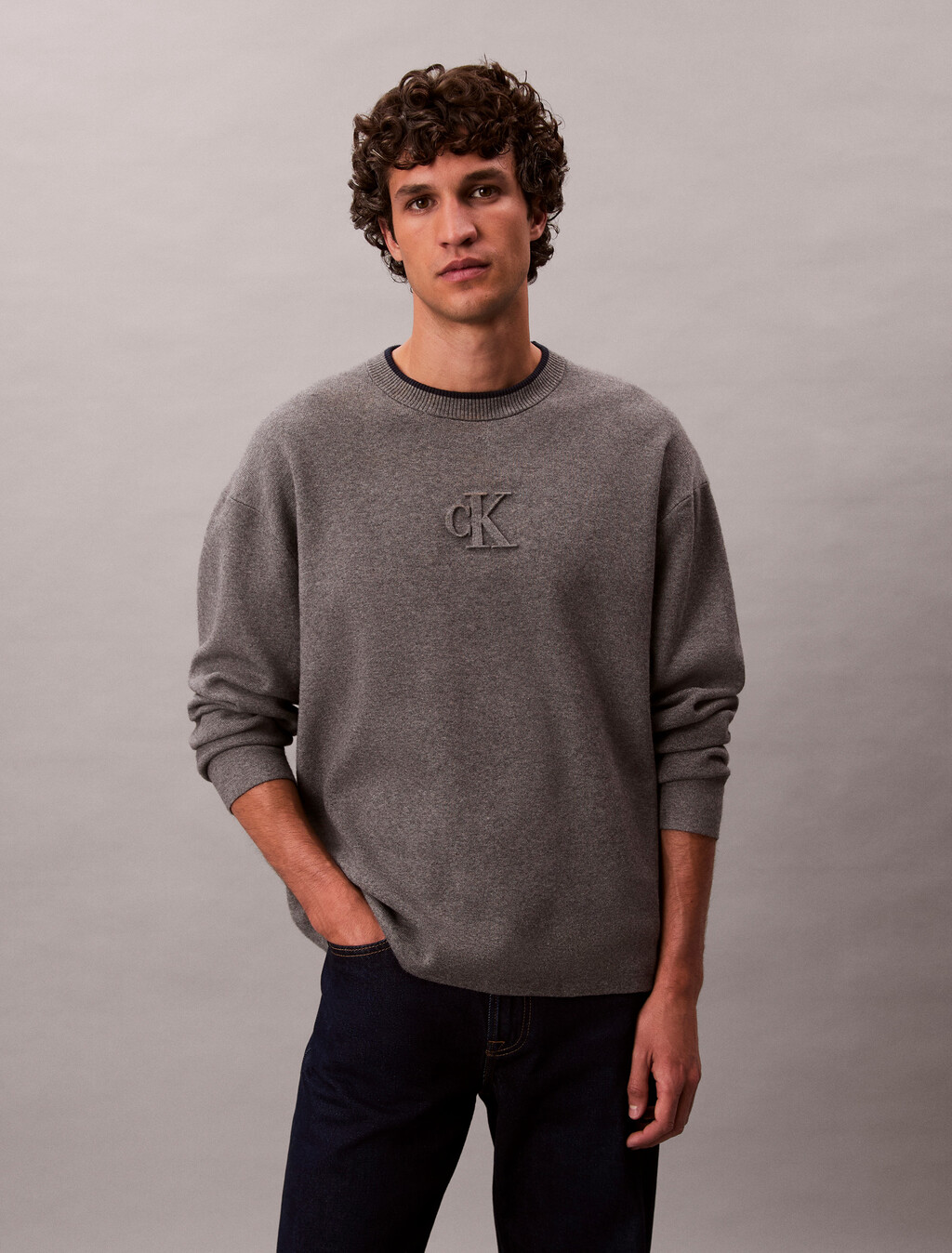 Embossed Monogram Logo Relaxed Sweater, Med. Grey Htr, hi-res