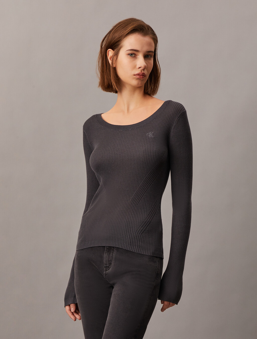 Rib Knit Slim Knit Top, Ebony, hi-res