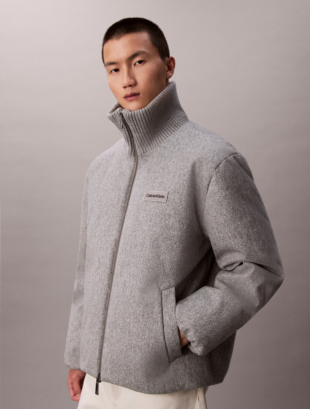 Melange Ribbed Neck Puffer Jacket, Heather Grey, hi-res
