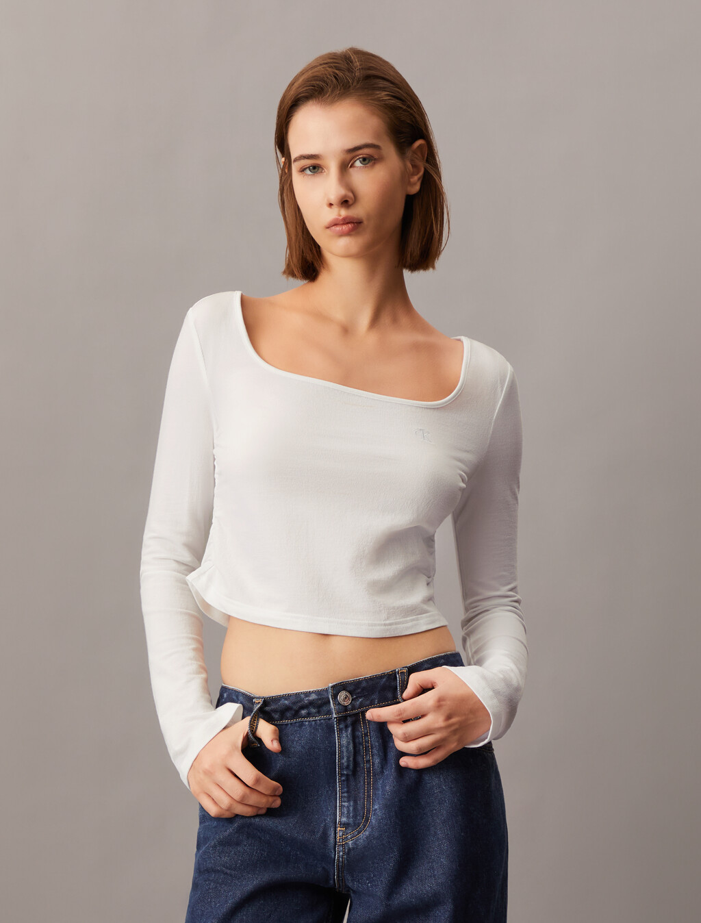 Side Gather Rib Knit Baby Fit Tee, Bright White, hi-res