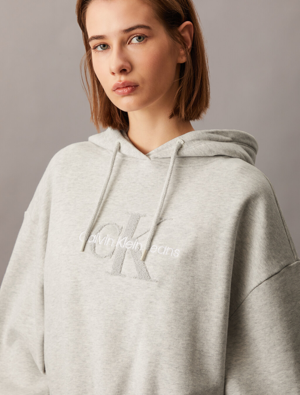 Cropped Chenille Monogram Hoodie, Ivory Grey Heather, hi-res