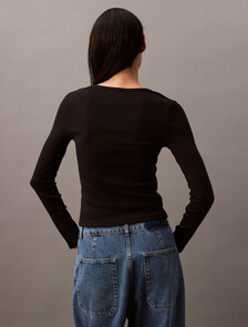 Rib Knit U Neck Long Sleeve Tee, Black, hi-res