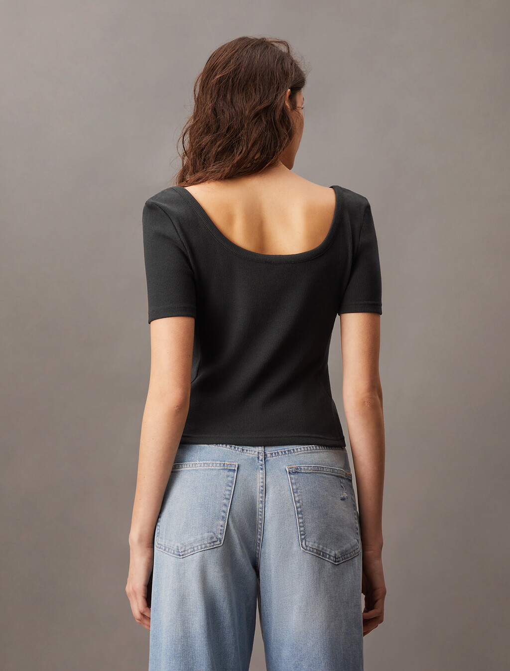 Casual Scoop Neck Rib Knit Tee, Black, hi-res