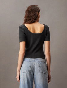 Casual Scoop Neck Rib Knit Tee, Black, hi-res