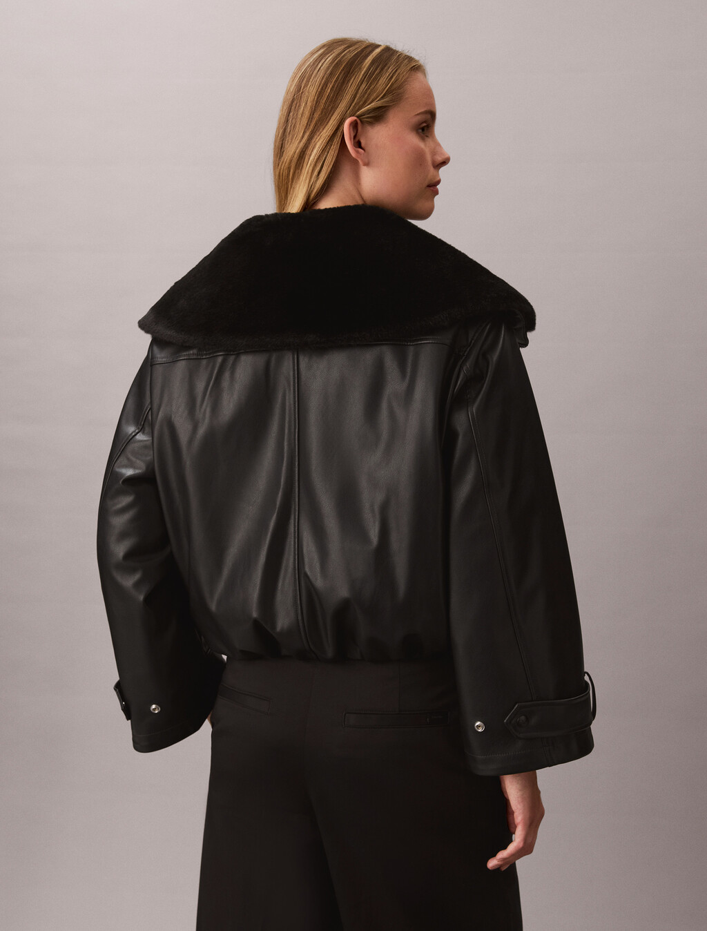 Faux Leather Bomber Jacket, Black, hi-res