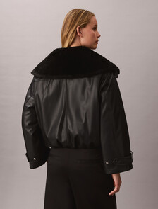 Faux Leather Bomber Jacket, Black, hi-res