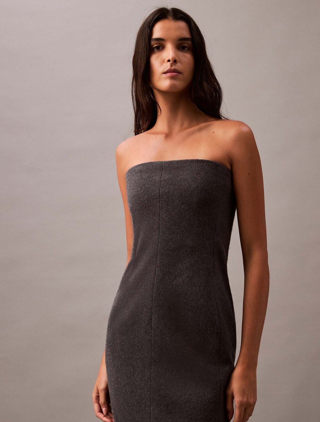 Brushed Wool Blend Strapless Dress, Charcoal Melange crbn, hi-res