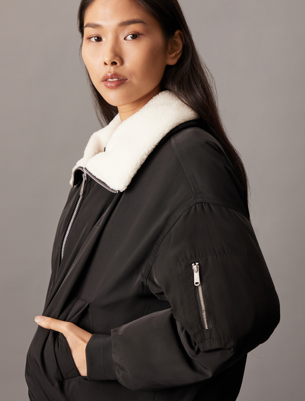 Fleece Collar Bomber Jacket, Ck Black, hi-res
