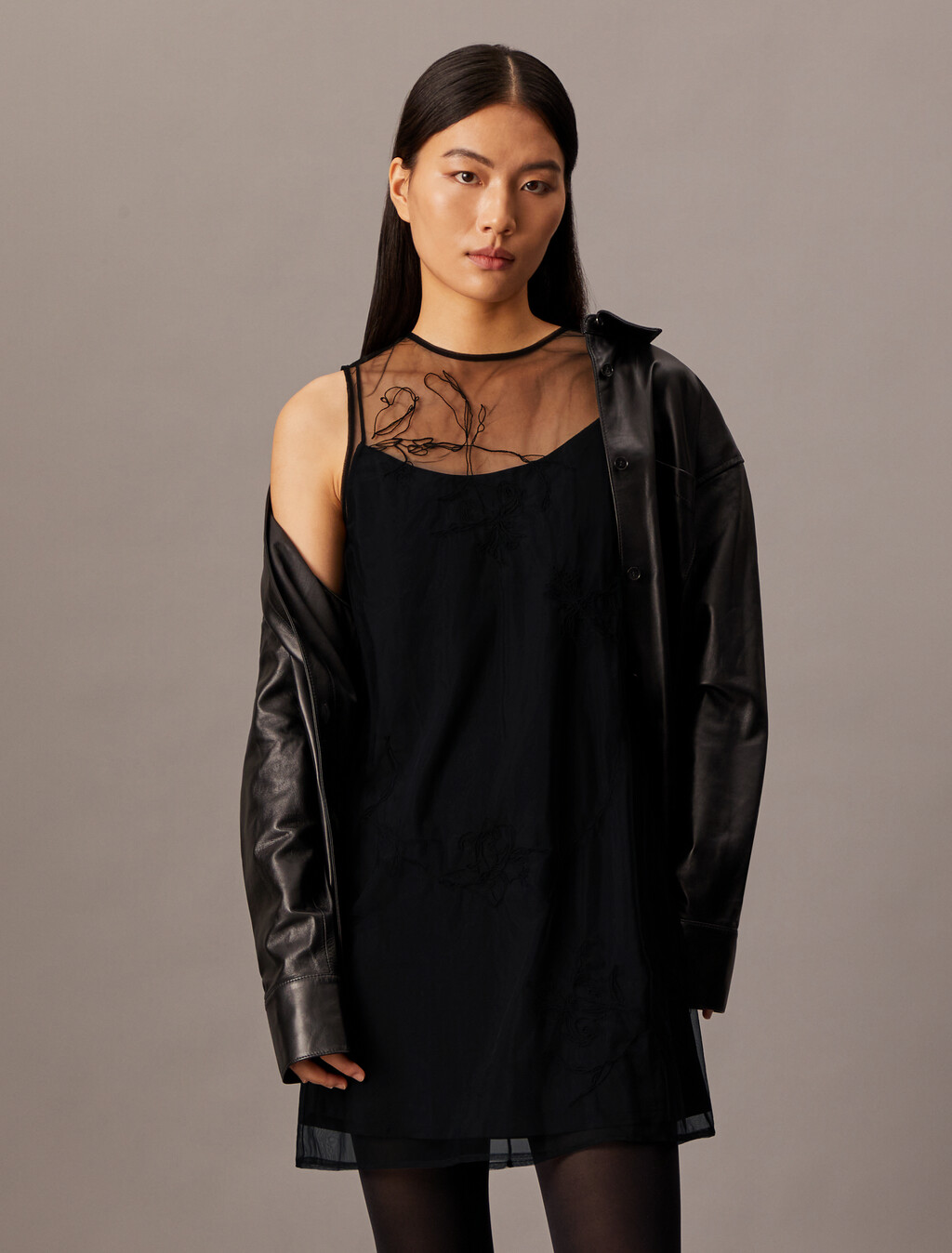 Embroidered Mini Dress, Black, hi-res