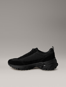 Suede and Emblem Logo Nylon Trainers, Triple Black, hi-res