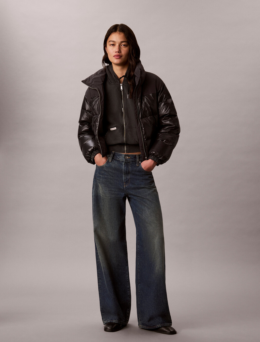 Matte Shine Down Puffer Jacket, Black, hi-res