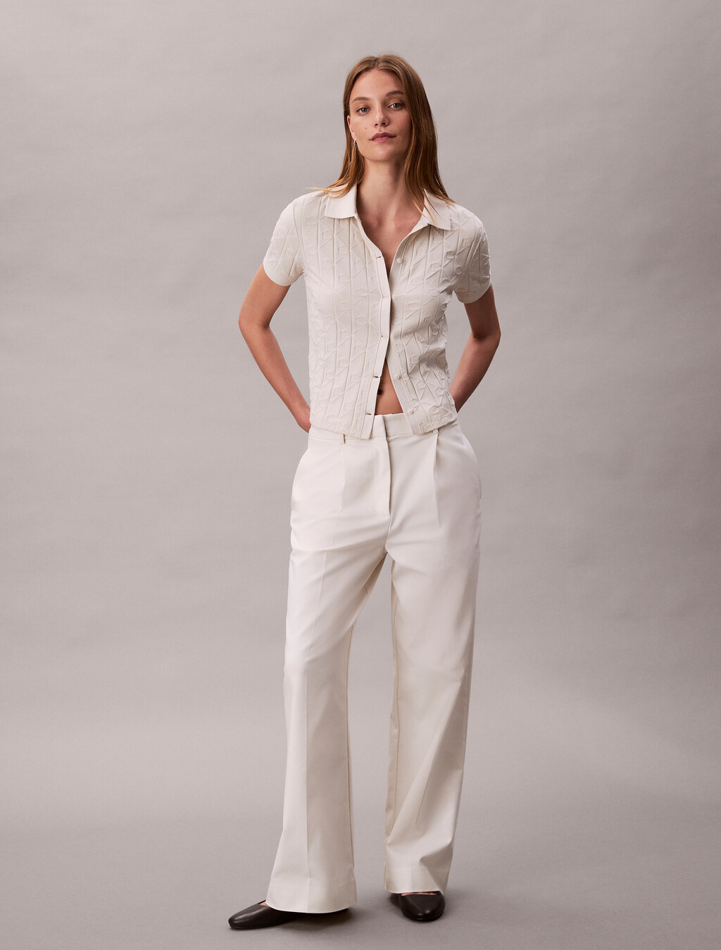 Allover Monogram Logo Jacquard Polo Top, Chalk, hi-res