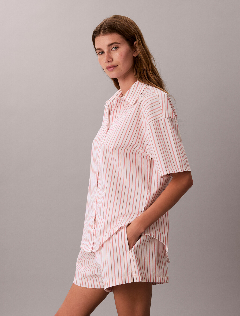 Cotton Poplin Pyjama Button-Down Shirt, AURORA STRIPE PEACH BLISS, hi-res