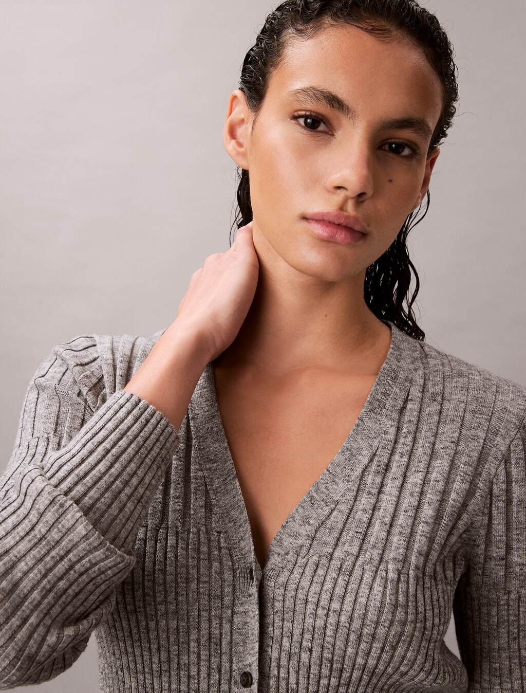 Cotton Mouline Rib Cardigan, Quiet Gray Melange, hi-res