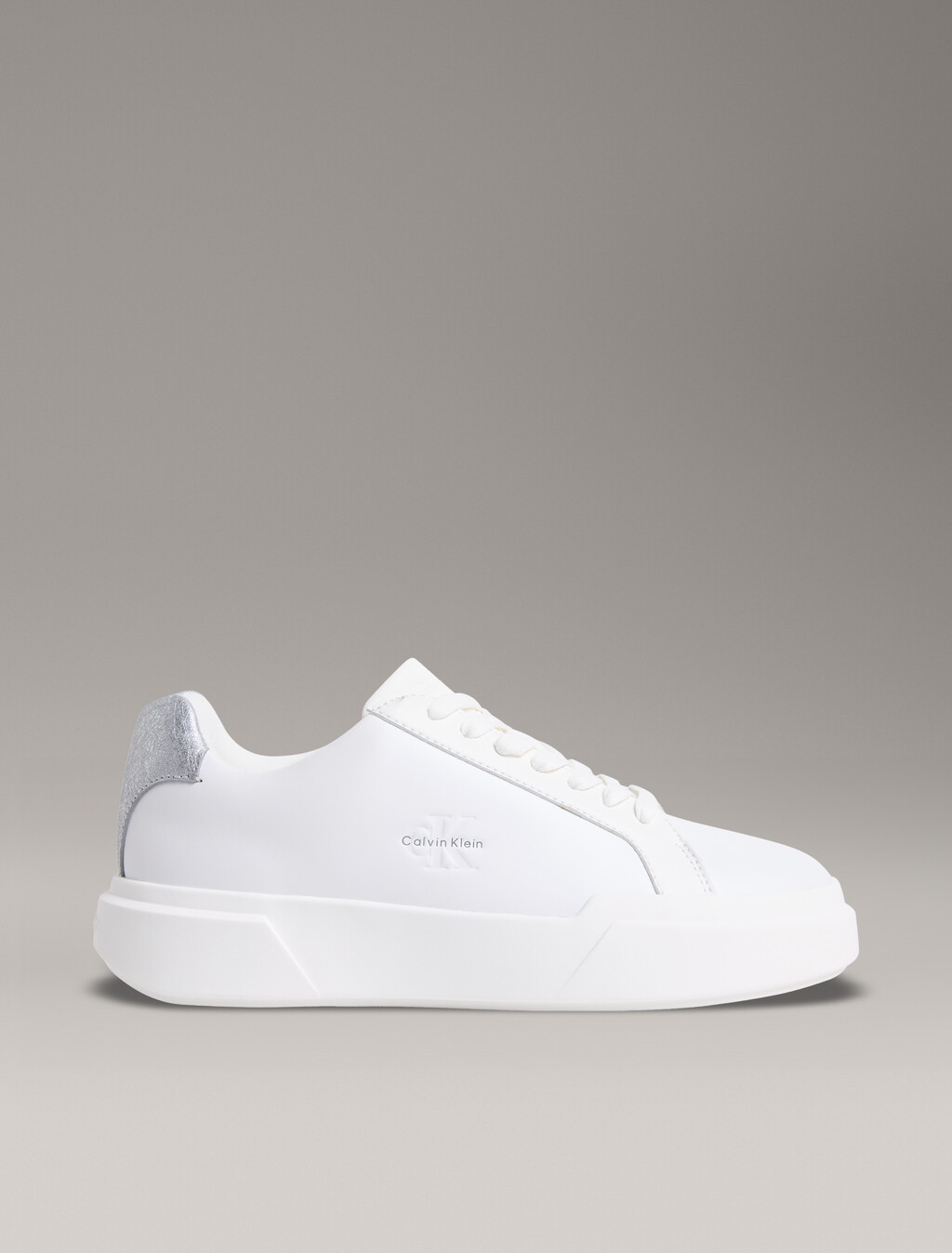CK Avenue - Leather Logo Trainers, Bright White/Silver, hi-res