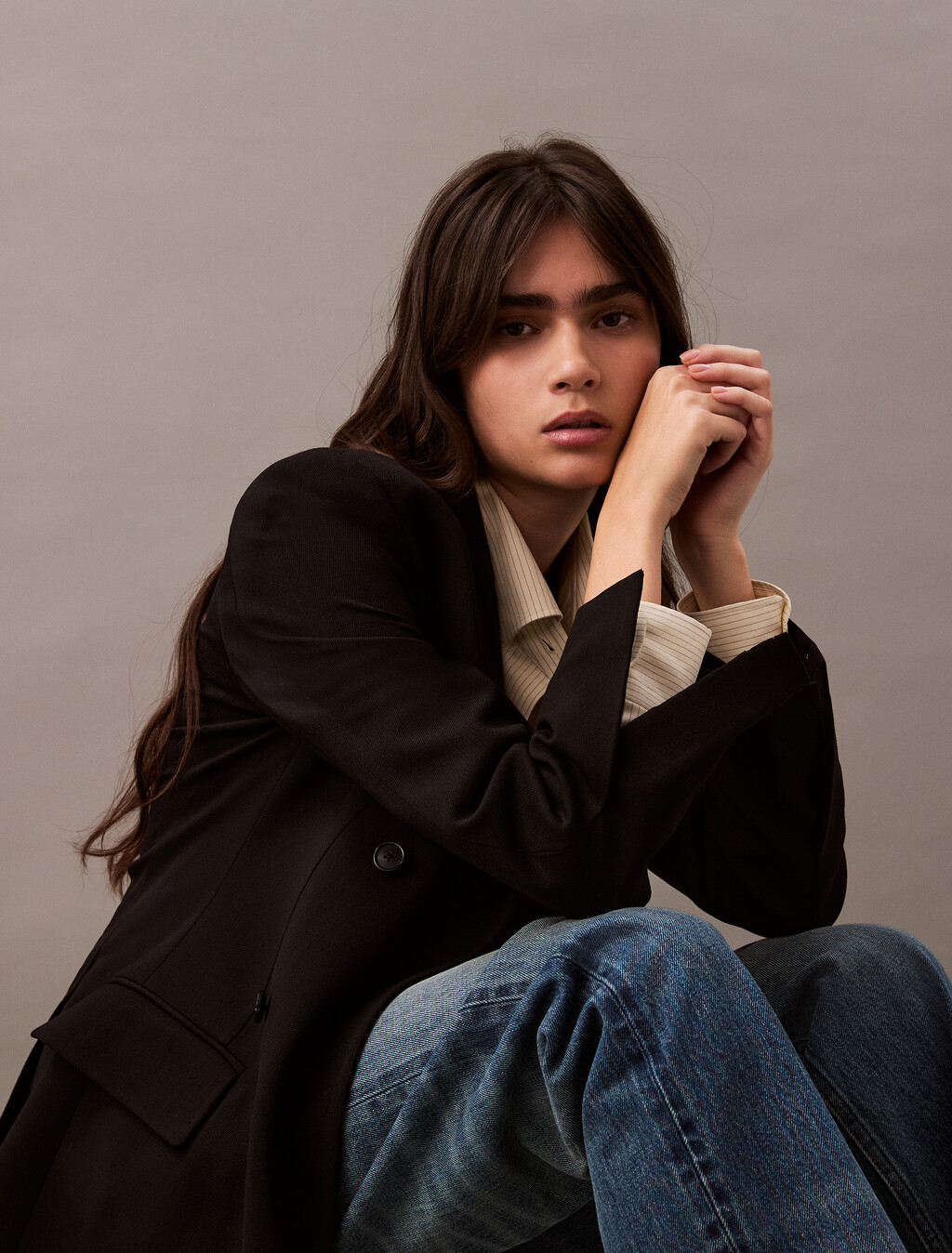 Slim Wool Gabardine Double-Breasted Blazer, Black, hi-res