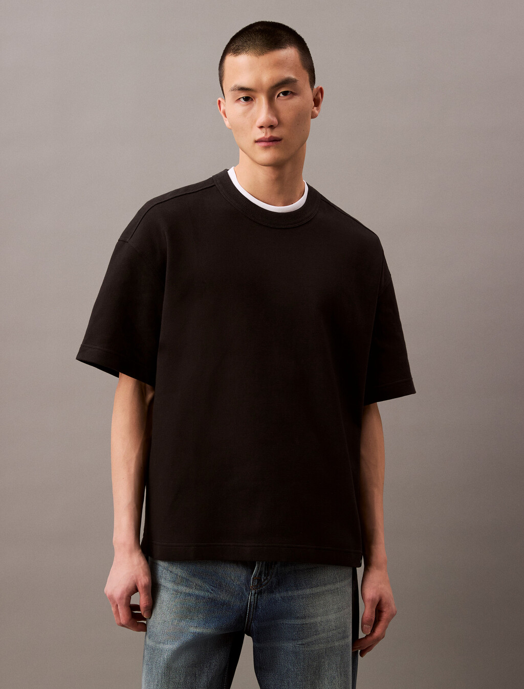 Monogram Textured Pique Tee, Black, hi-res