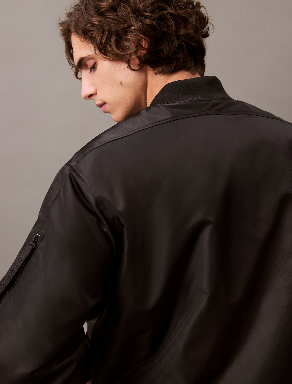 Padded Nylon Bomber Jacket, Black, hi-res