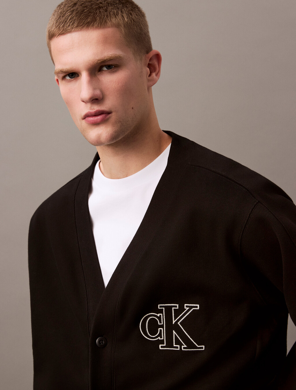 Double Knit Logo Applique Cardigan, Black, hi-res