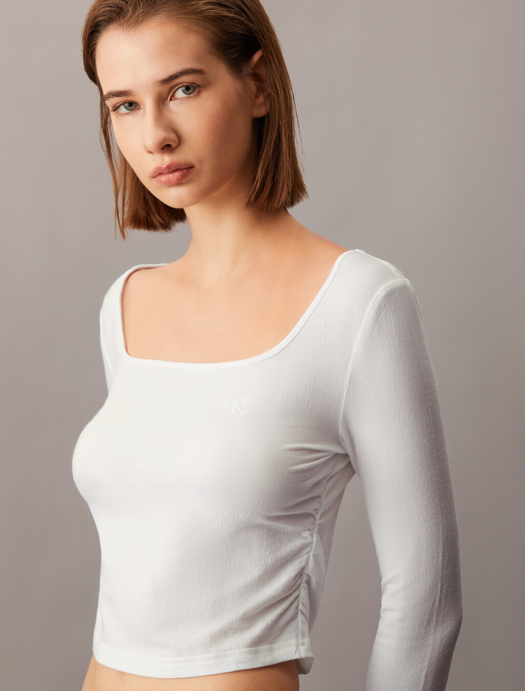 Side Gather Rib Knit Baby Fit Tee, Bright White, hi-res
