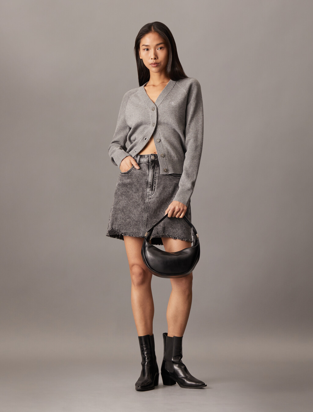 V Neck Rib Knit Cardigan, Grey Heather, hi-res