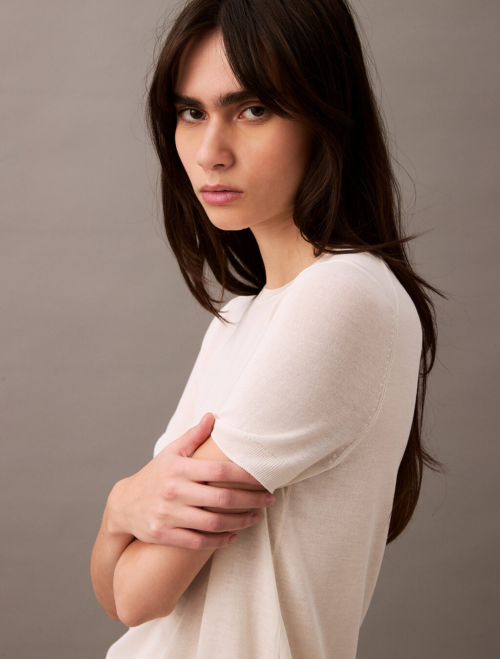 Fine Gauge Viscose Short Sleeve Sweater, Vanilla Ice, hi-res