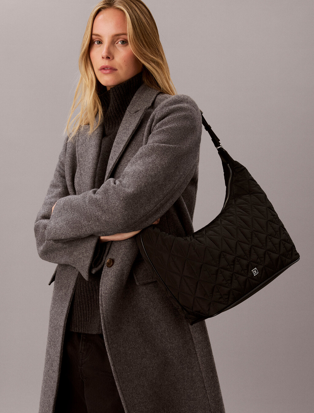 Quilted Emblem Nylon Shoulder Bag, Black, hi-res