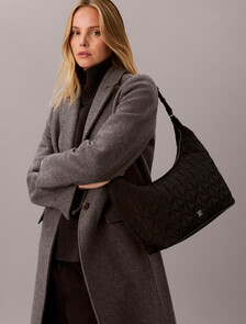 Quilted Emblem Nylon Shoulder Bag, Black, hi-res