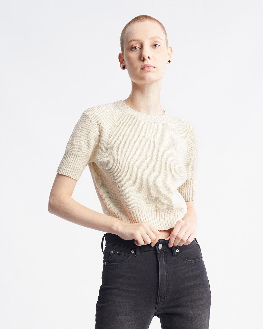 Feminine Chenille Short Sleeve Sweater, EGGSHELL, hi-res