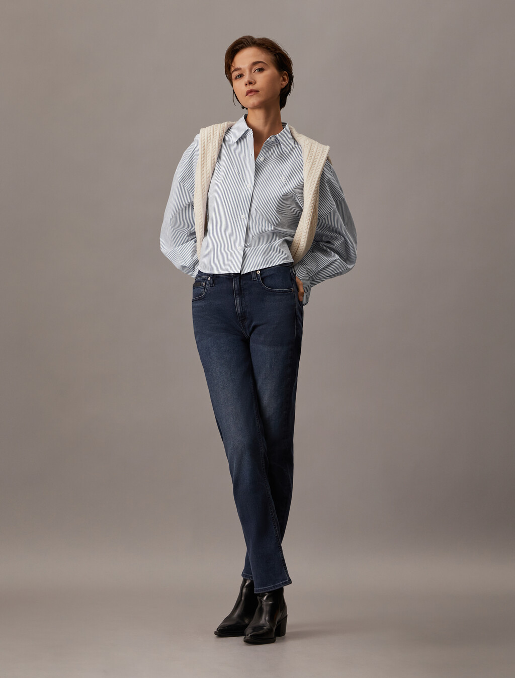 Cropped Stripe Shirt, Chambray Blue / White Stripe, hi-res