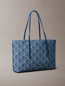 Large Denim Jacquard Tote Bag with Pouch, Denim JQD Medium Wash, hi-res