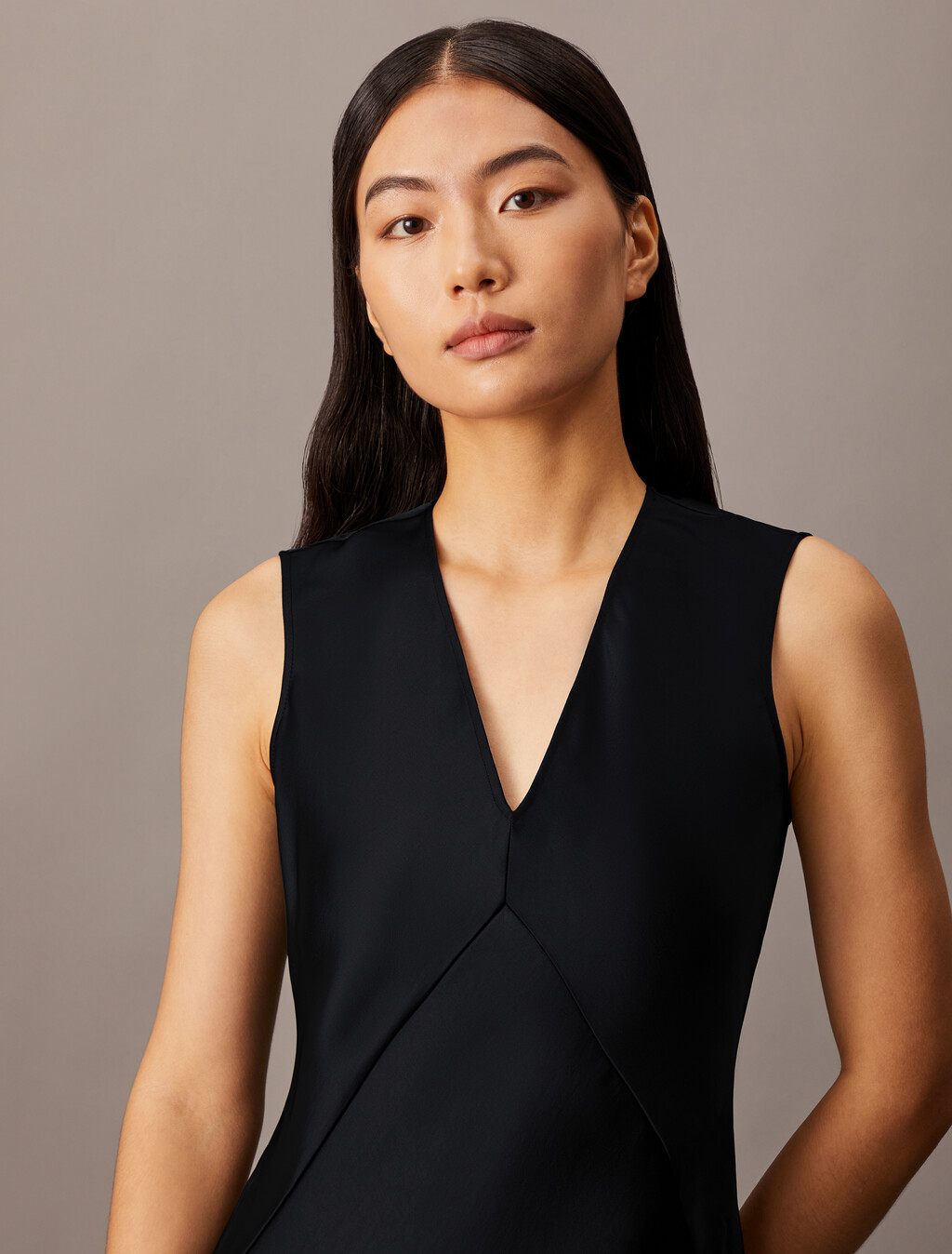 Essentials Satin Sleeveless V Neck Dress, Black Beauty, hi-res
