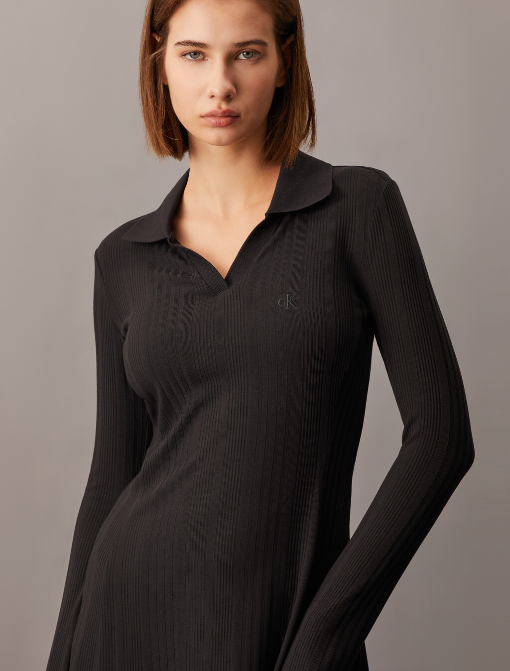 Rib Knit Mini Polo Dress, Ck Black, hi-res