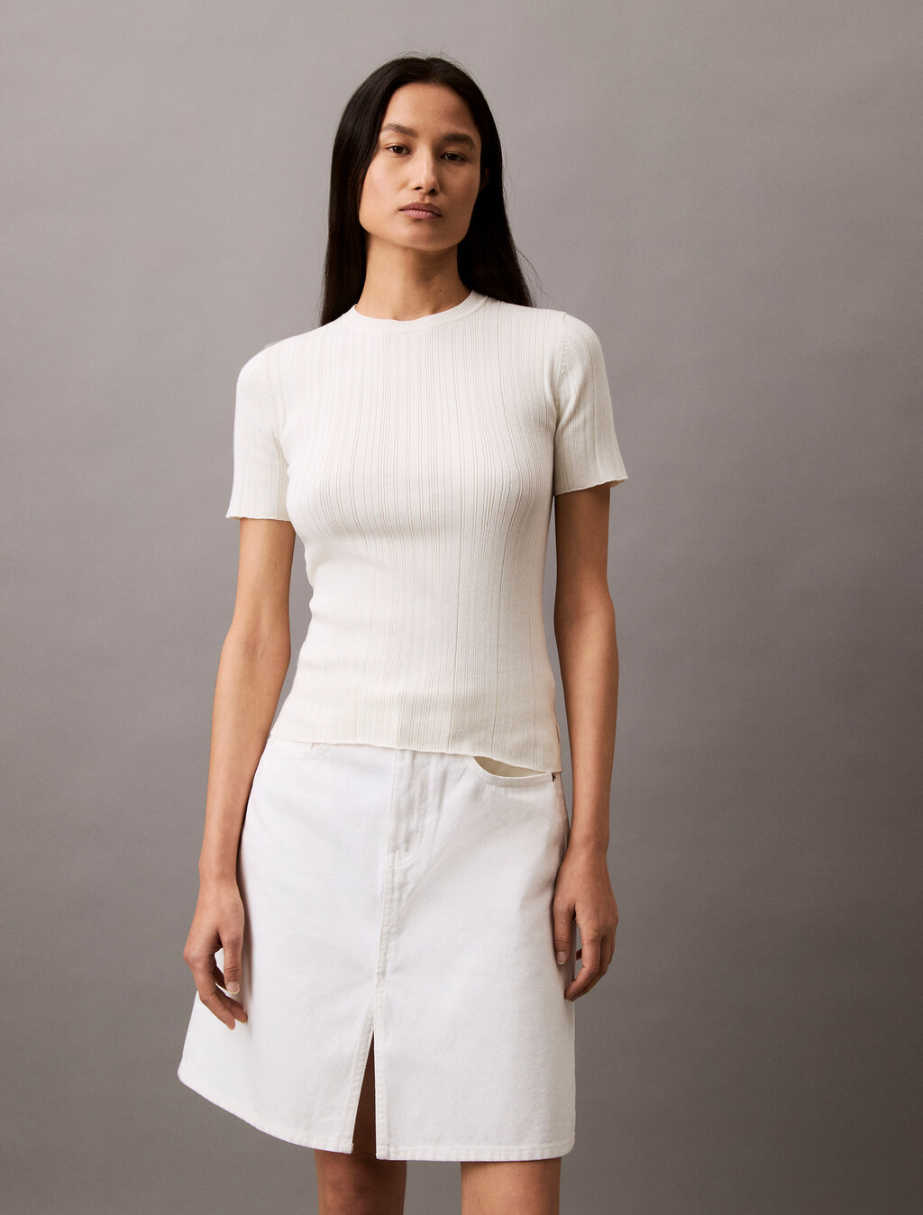 Cotton Variegated Rib Knit Top, Tofu, hi-res