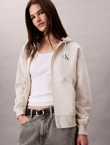 Monogram Cotton Terry Zip Thru Hoodie, Vanilla Heather, hi-res