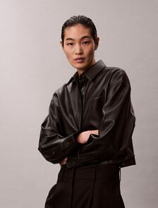 Faux Leather Cropped Shirt, Black, hi-res