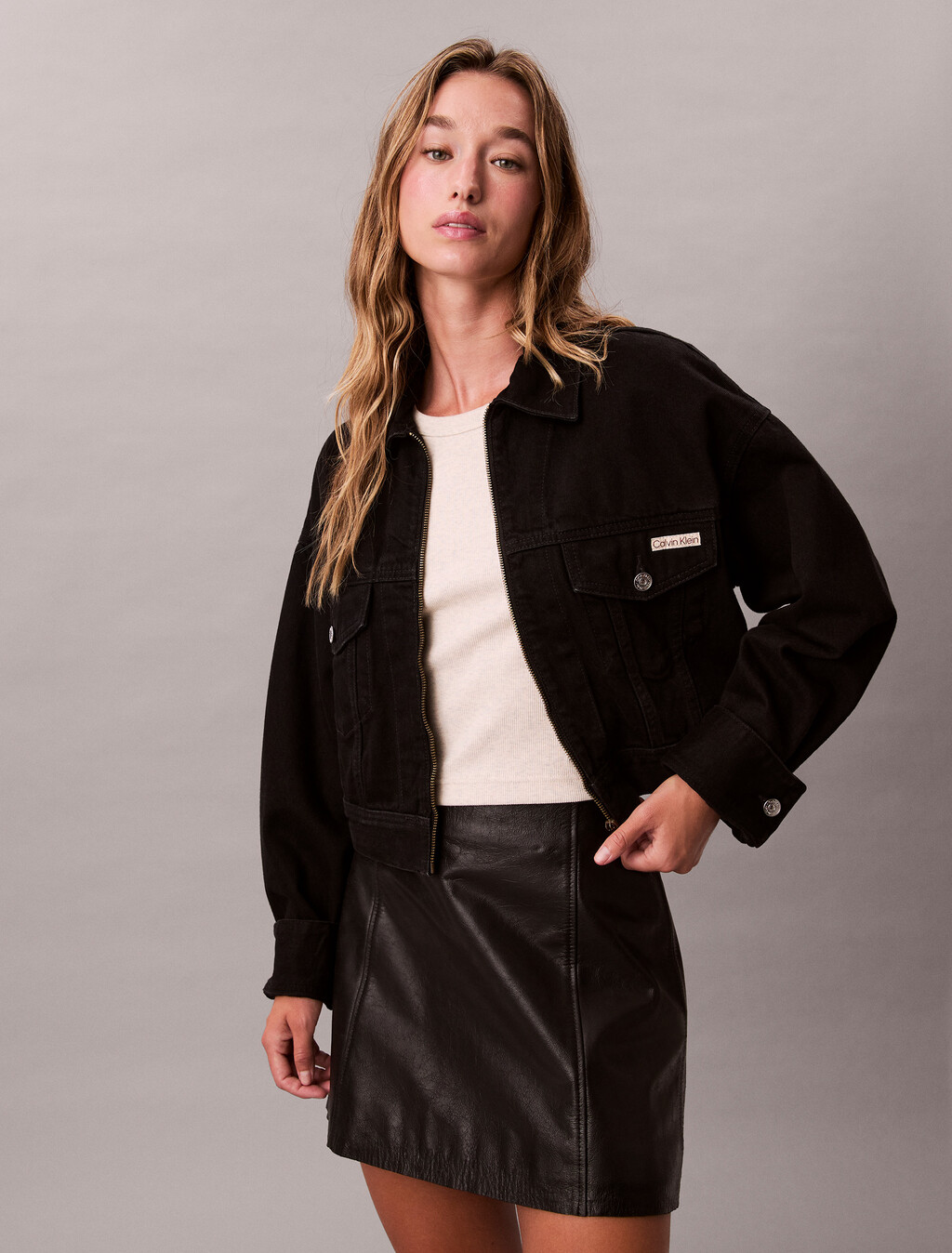 Cropped Zip Up Denim Jacket, SOFT BLACK, hi-res