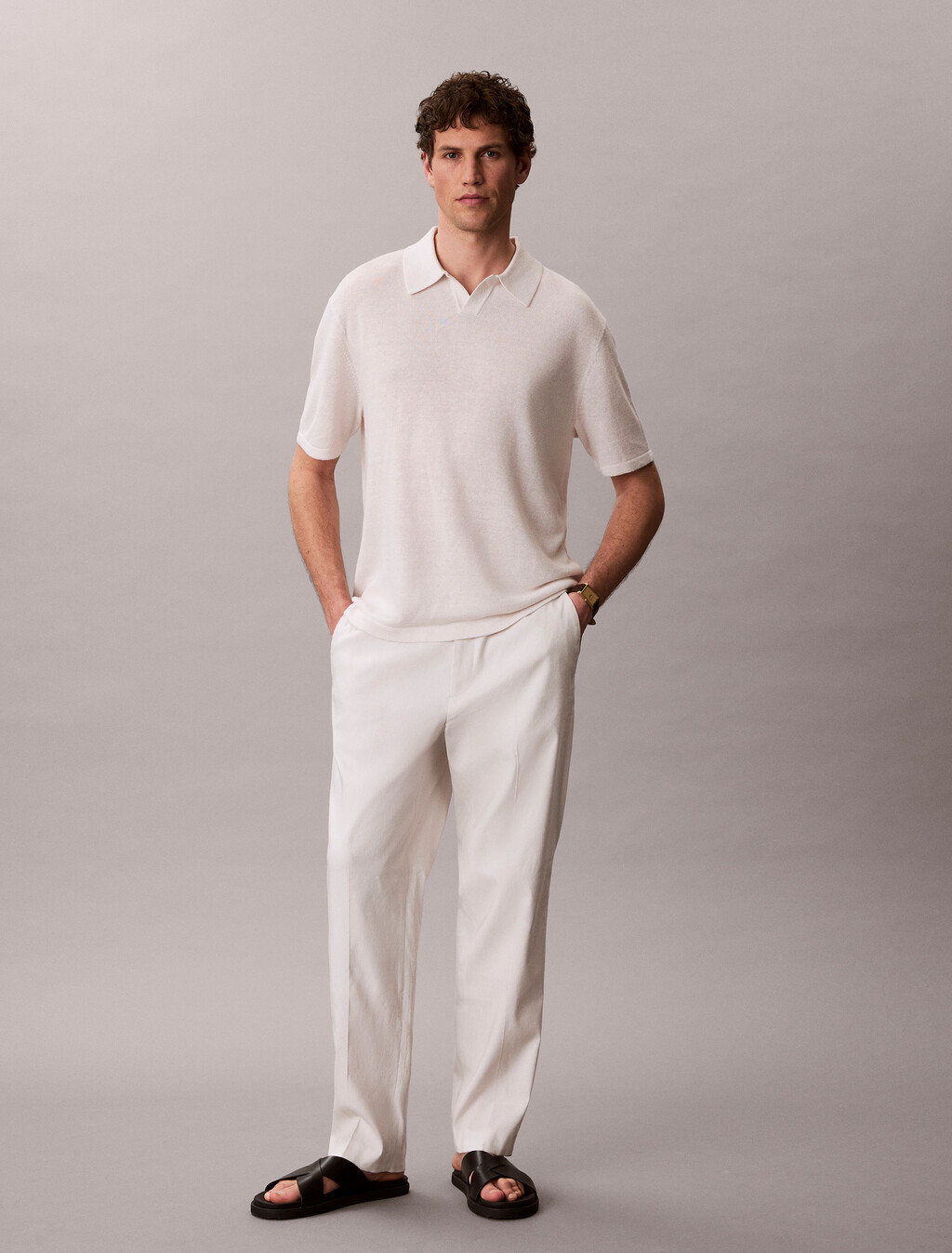 Linen Blend Open Collar Polo Shirt, White Sand, hi-res