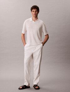 Linen Blend Open Collar Polo Shirt, White Sand, hi-res