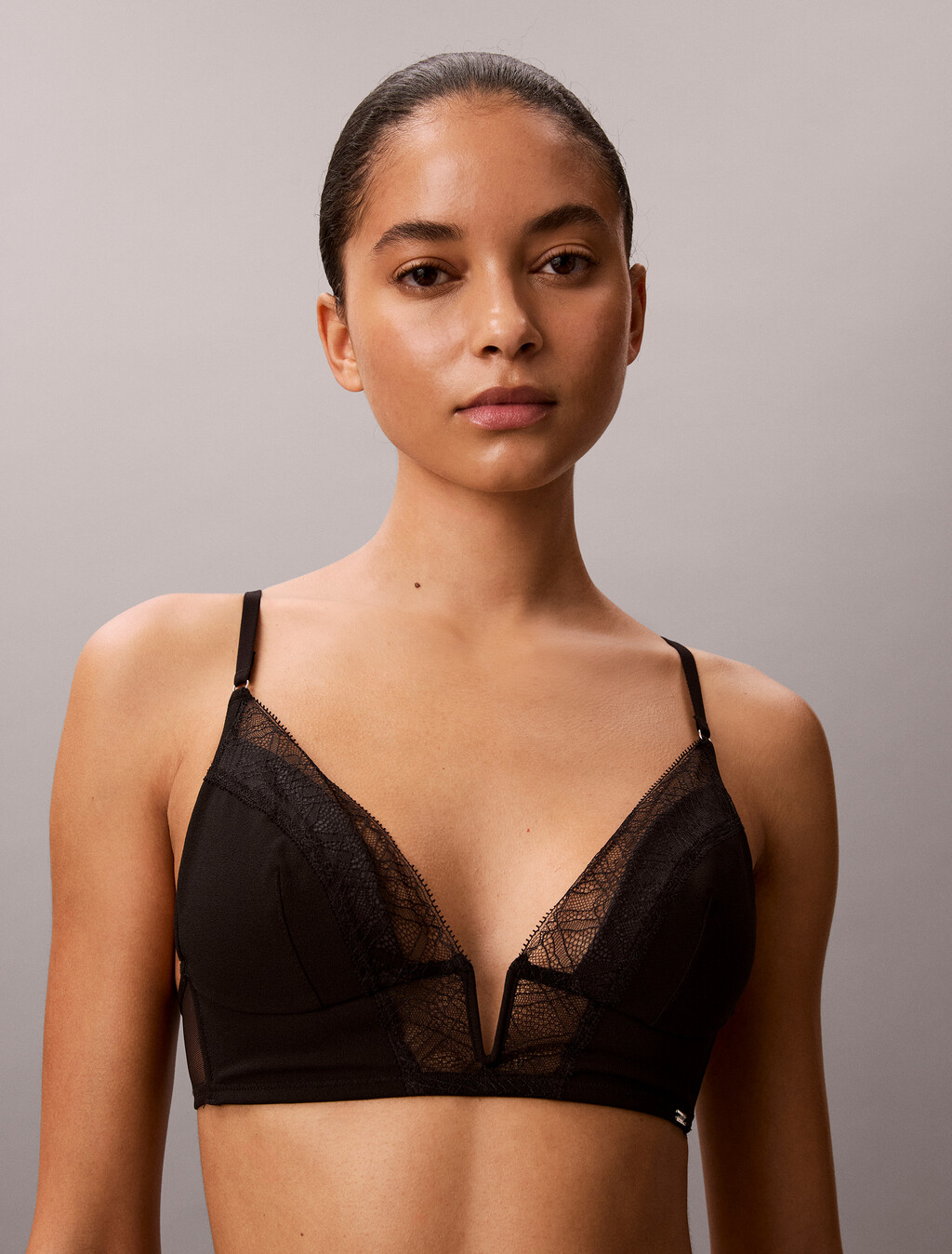 CK Black Geo Lace Lightly Lined Triangle Bra, Black, hi-res