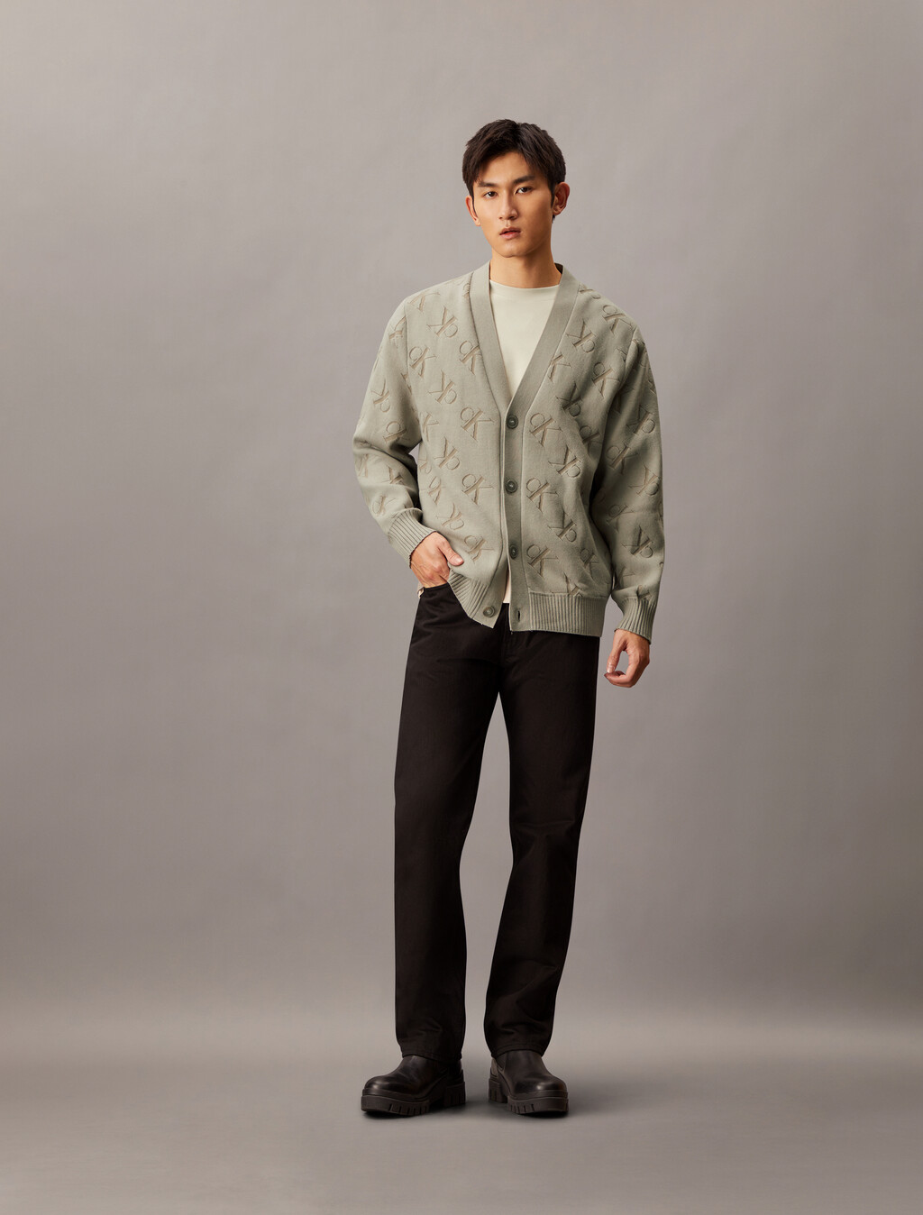 Embossed Monogram Relaxed Cardigan, Rock Ridge, hi-res